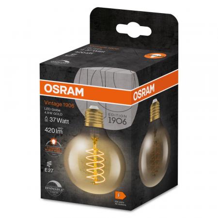 Osram E27 LED VINTAGE 1906 GLOBE 80 Spiral Gold-Filament LED Lampe dimmbar 2200K 4,8W wie 37W